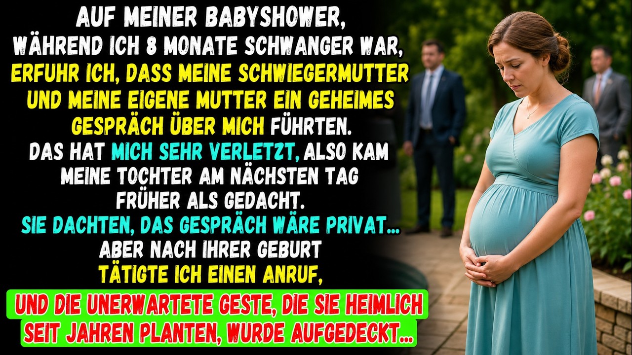 Ik dacht dat ik op de babyshower van mijn acht maanden zwangere buik even rust vond in de gang, maar ik hoorde mijn eigen moeder en mijn schoonmoeder fluisteren achter de deur. “Die huwelijk...