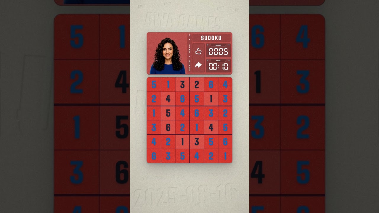 LinkedIn Mini Sudoku #5 solved board for August 16, 2025, 6x6 grid