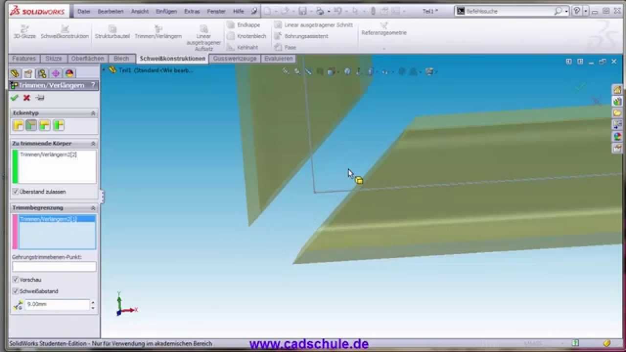 Solidworks Deutsch Video tutorial Grundlagen Schweissabstand www.cadschule.com - YouTube