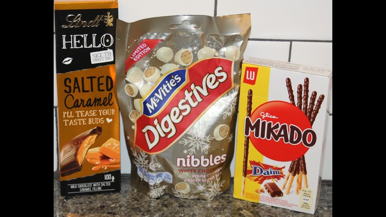 Lindt Hello Salted Caramel, McVitie’s Digestives White Chocolate Nibbles, Glico Mikado Daim