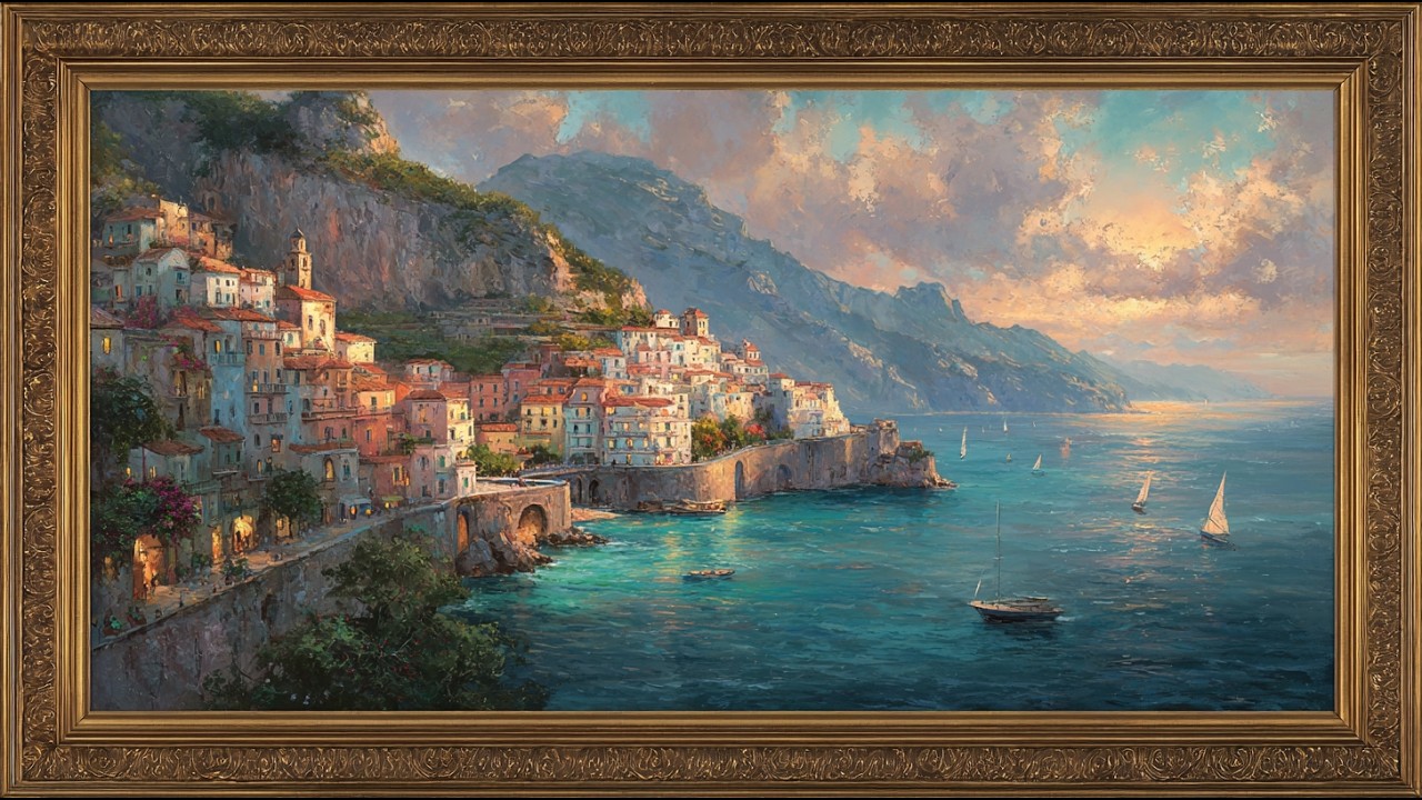 Golden Sunset Amalfi Coast Painting | Frame TV Art Display | 4K Art Screensaver