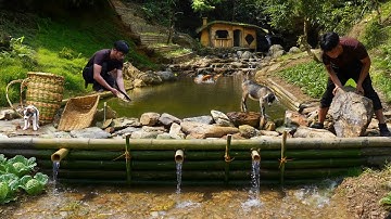 I Built a Bushcraft House by the Waterfall Without Nails | With a Pool, Fish Pond & Garden