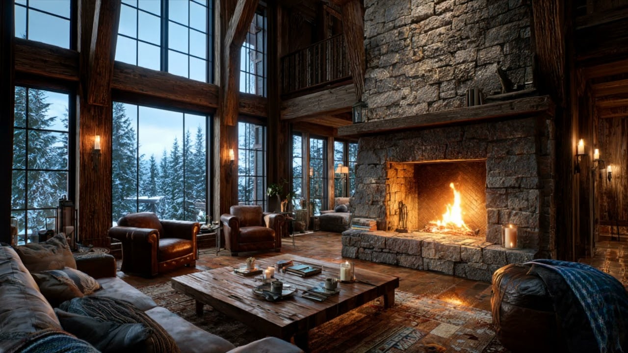 8 Hour Mountain Lodge Fireplace in 4K UHD Snowy Cabin Ambience & Crackling Fire Sounds (No Music)