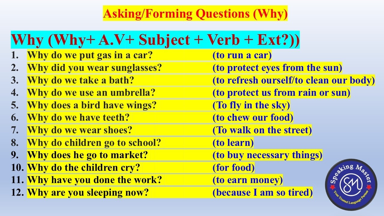 Asking and Answering Questions with Why. These will help you understand question making.