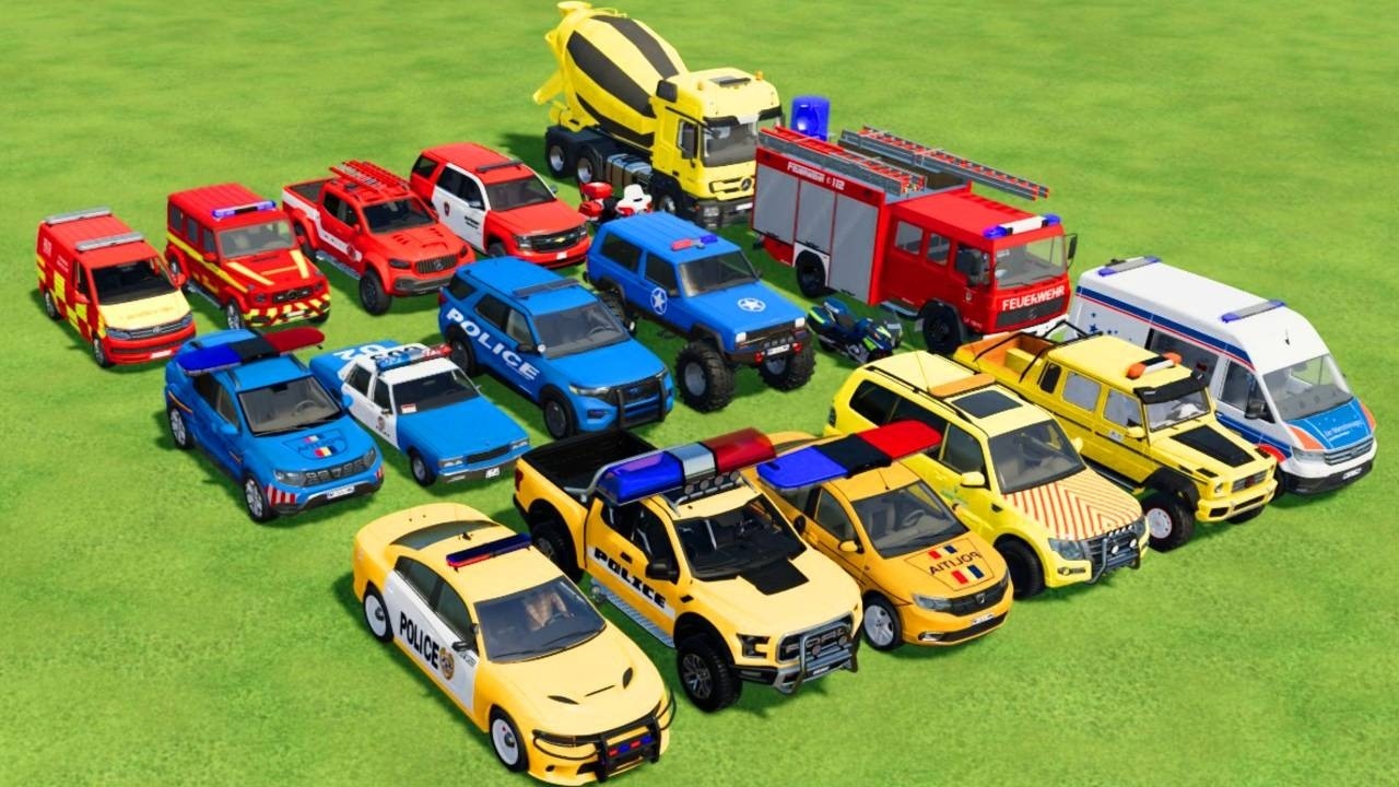 TRANSPORTING POLICE CARS, AMBULANCE, FIRE TRUCK, COLORFUL CARS WITH TRUCK  -FARMING SIMULATOR 22!