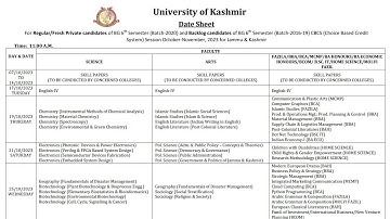 bg 6th semester date sheet Kashmir University batch 2020 and backlog #6thsemester #datesheet #2023