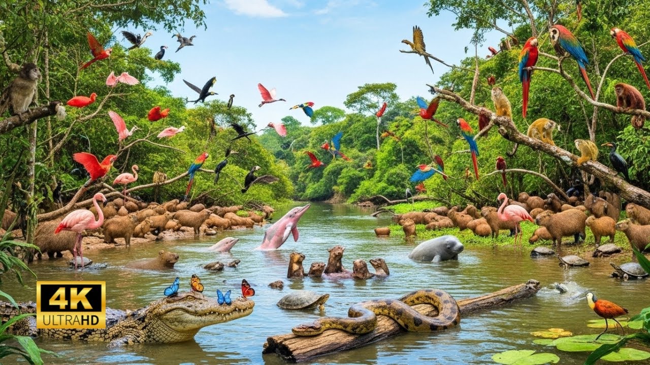 Relaxing Walk in the Amazon: Misty River Dawn with Giant Otters | ASMR [4K]