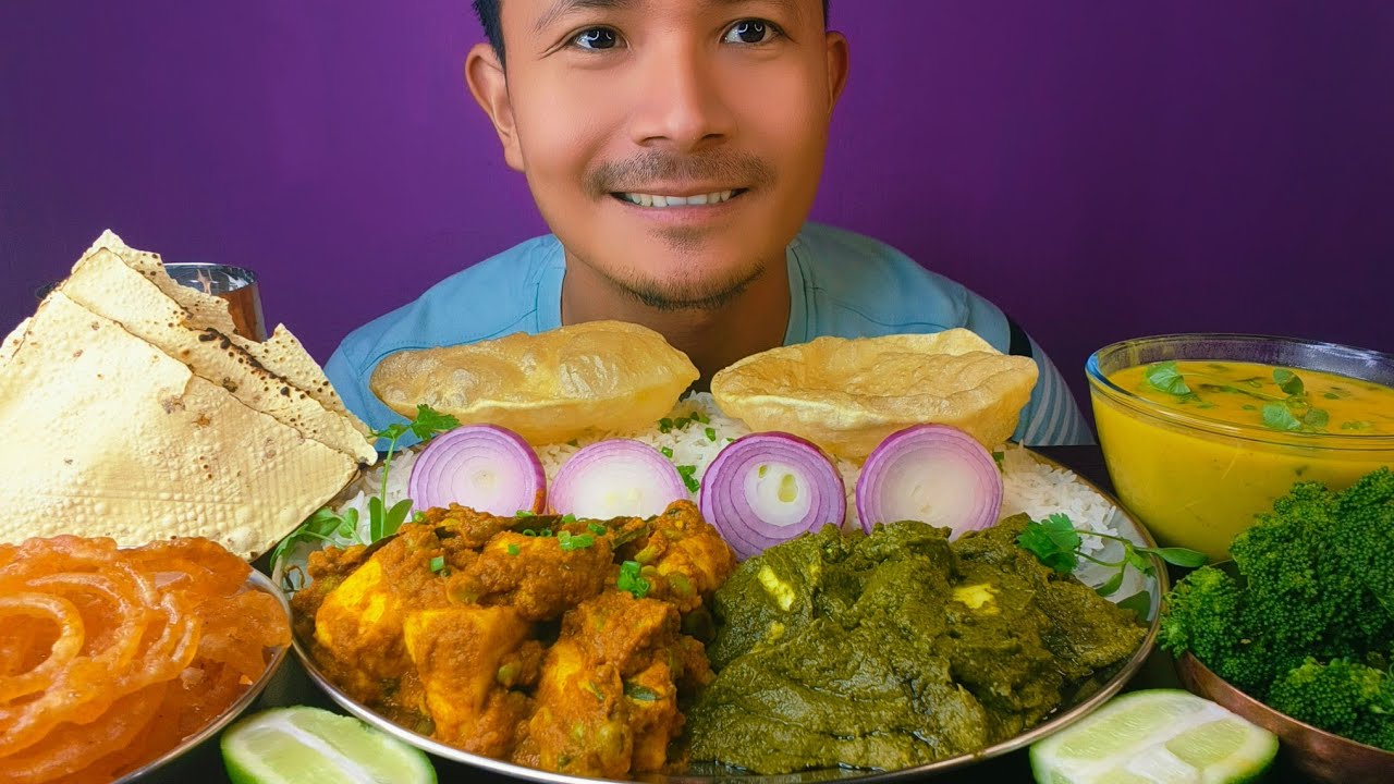 Eating Palak Paneer | Matar Paneer | Puri | Basmati Rice | Taro Roots Curry | Jalebi | Broccoli 