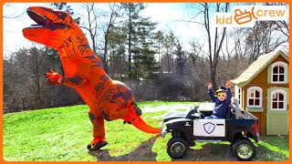 Dinosaur police truck chase and baby Trex rescue! Educational how model rockets work | Kid Crew