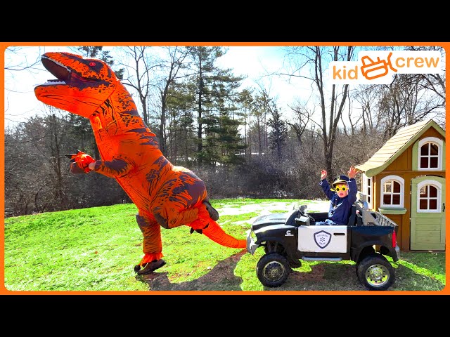 Dinosaur police truck chase and baby T-rex rescue! Educational how model rockets work | Kid Crew class=