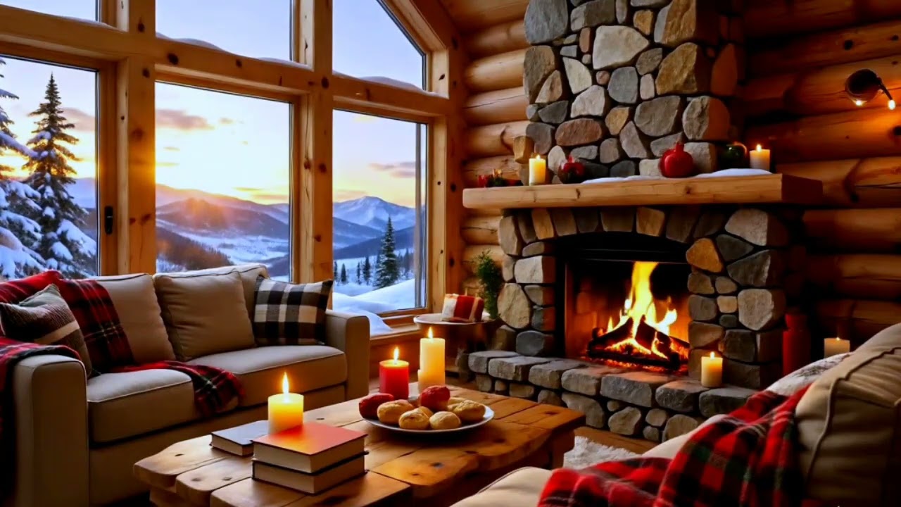 Warm & Peaceful Winter Café Jazz ☕ Snow Outside Window & Fireplace Atmosphere