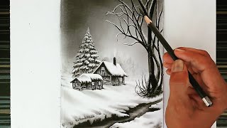 How to draw winter house landscape by pencil with easy ways.
