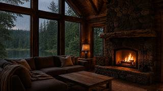 Rainy Lake Cabin Ambience for Sleep | Fireplace View 8 Hours