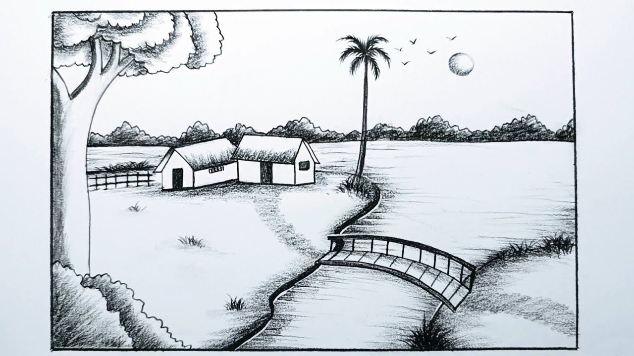 How to draw beautiful village nature | Riverside Village Scenery Drawing Tutorial | Landscape |