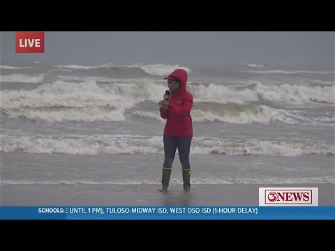 Simone Simpson shows us how high the tides are at Whitecap Beach during TS Harold