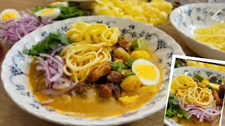 အုန်းနို့ခေါက်ဆွဲ ခေါင်းမထိုး တအား ကောင်း ရှယ်ချက်နည်း .  Burmese Coconut milk noodles soup.