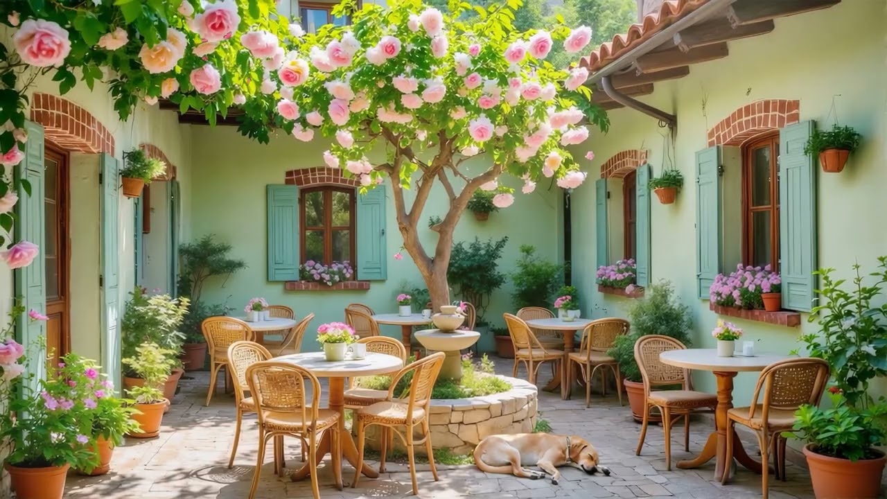 Relaxing Spring Outdoor Cafe Music | Beautiful Courtyard with Gentle Morning Jazz to Calm the Mind
