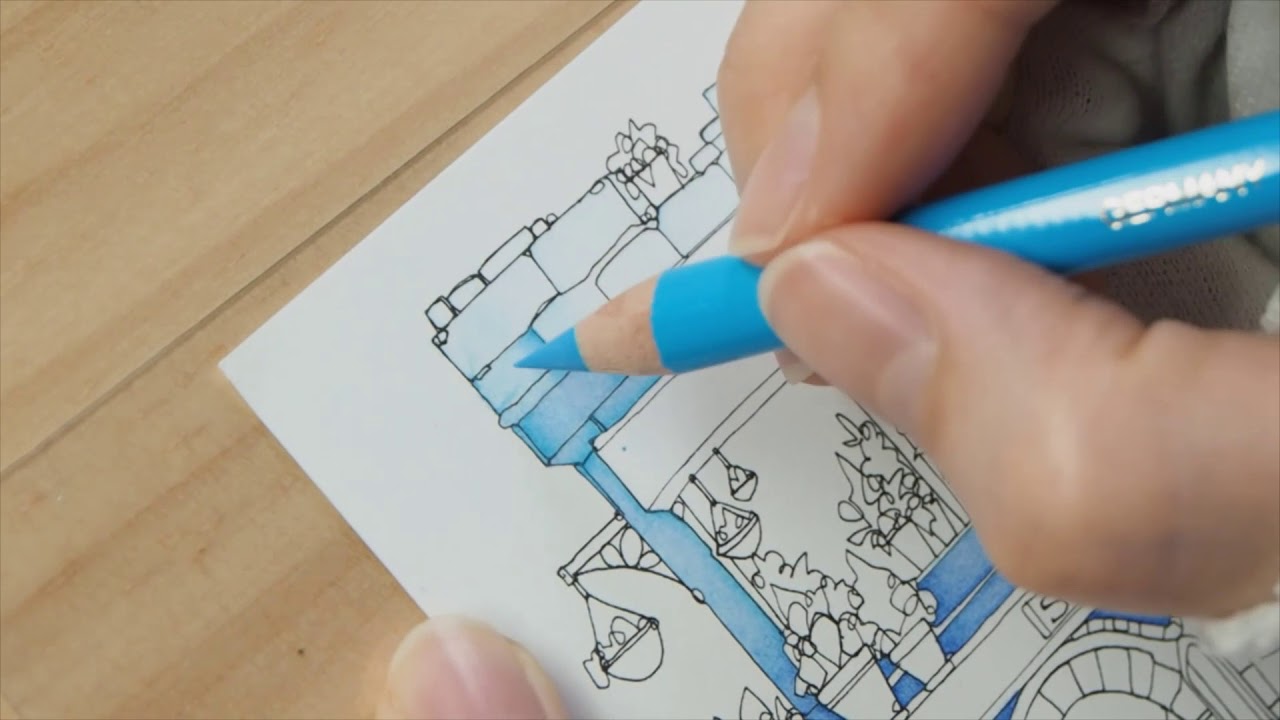 大人の塗り絵「マジカルタワー」色鉛筆メイキング水色編