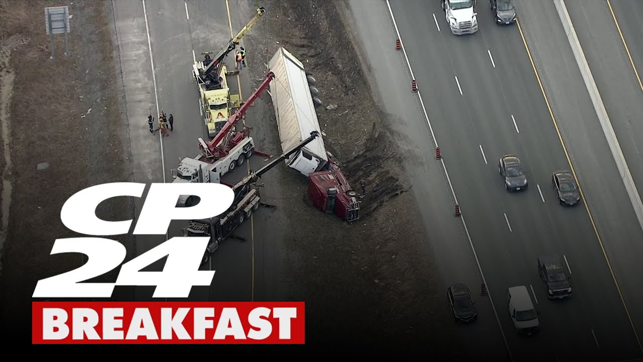 View of a tractor trailer rollover on Highway 401 - YouTube