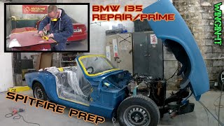 Triumph Spitfire prep has started. Also a BMW 135i in for accident damage #triumph #spitfire #bmw