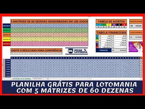 PLANILHA GRÁTIS para Lotomania com 5 Matrizes de 60 Dezenas Desdobradas em 100 Jogos 💰💰💰
