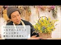 黄色いミモザを長持ちさせる　バスケットアレンジ作り
