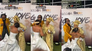 Moment Bimbo Ademoye knelt to Greet Timini 's mother at the Big Love movie premiere |Erica Nlewedim