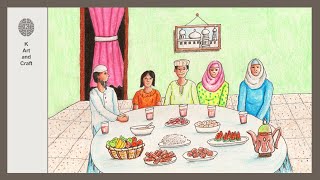 How to draw iftar with family  easy draw family iftar party romadan iftar drawing easy