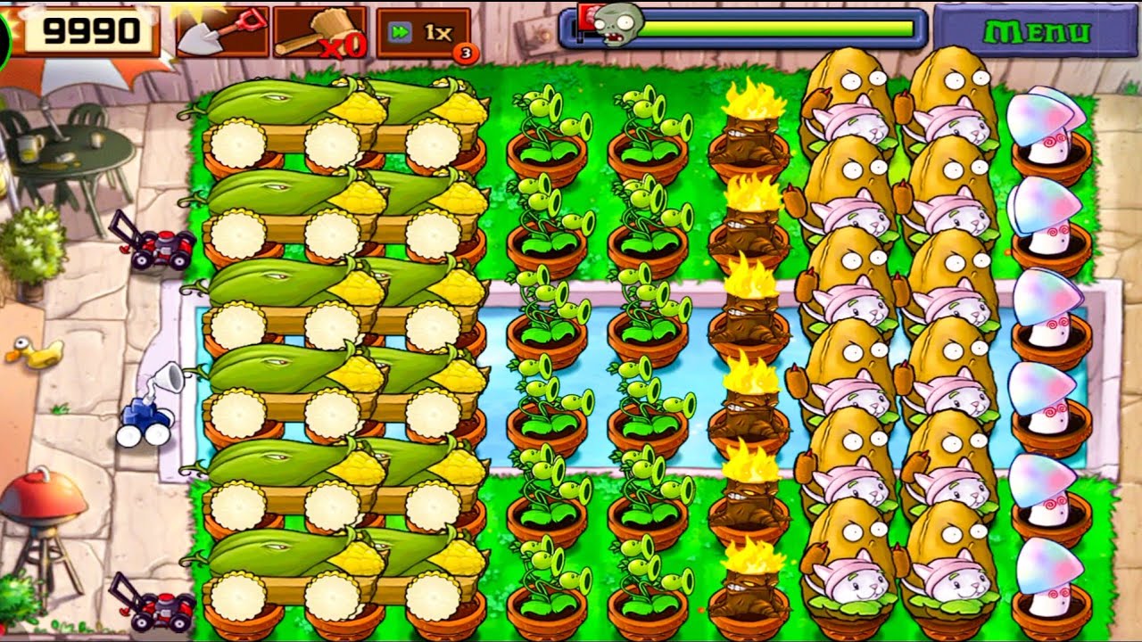 Plants Vs zombies Survival Pool Cob Cannon+Hypno Shroom+Threepeater+Cattail Vs All Zombies Gameplay 