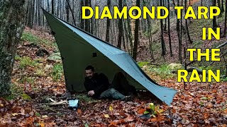 SOLO Bushcraft Day Camp in the Rain with Diamond Shape Tarp Shelter - Tasting Tactical Soup