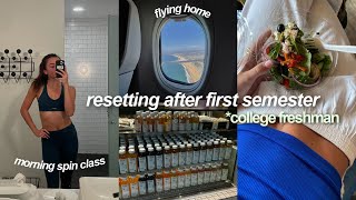 RESETTING AFTER FIRST SEMESTER🧘🏻‍♀️🍵🤍 flying home, new fitness routine, &amp; finishing finals