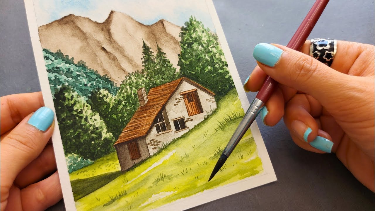 Watercolor painting of a hut in the forest/beautiful nature landscape ...