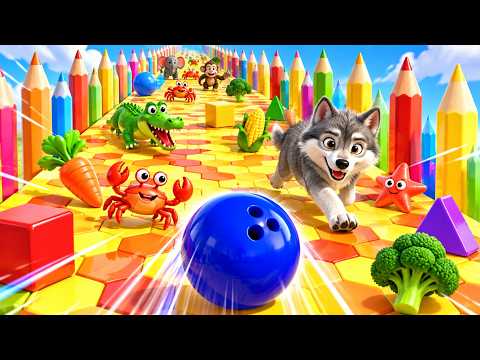 🎳🌈 Bowling Ball Smashes Kinetic Sand! Learn Vegetables, Shapes & Animals Space Adventure for Kids