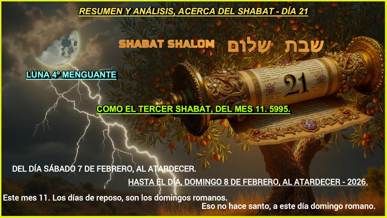 TERCER SHABAT DÍA 21, MES 11. DEL SÁBADO 7 AL ATARDECER. AL DOMINGO 8 DE FEBRERO AL ATARDECER. 2026.