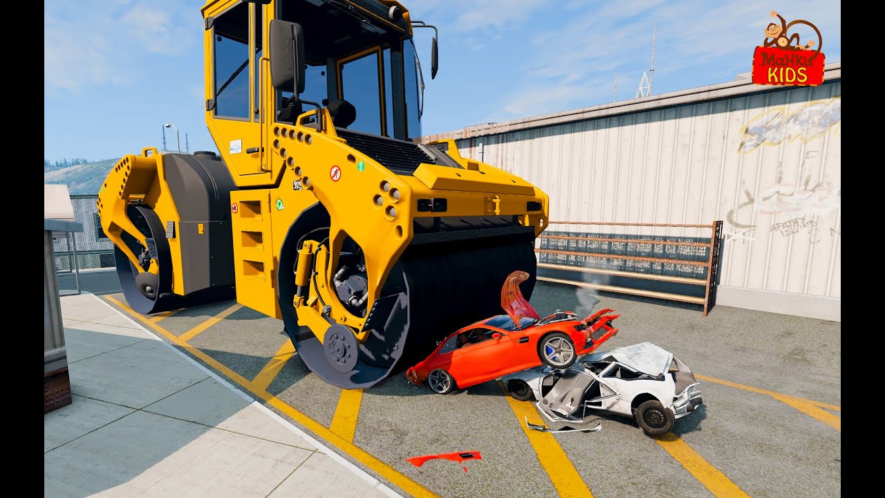 Cars vs Giant Roller - BeamNG Drive - YouTube