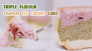 Triple Flavor chiffon cake  the delicatetexture of ice cream!  Strawberry pulp inside!【At tasty】
