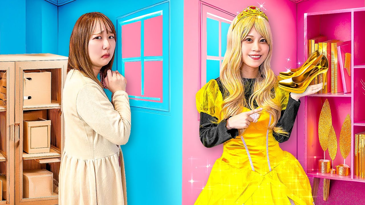 お金持ちプリンセス vs そうではないプリンセス!?キラキラでリッチな部屋とダンボールの部屋どっちがいい？お城づくりやお絵描きに挑戦！勝つのはどっち？【チャレンジ】