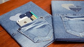 Caderno Customizado com JEANS e pérolas por Maria Inês Oliveira