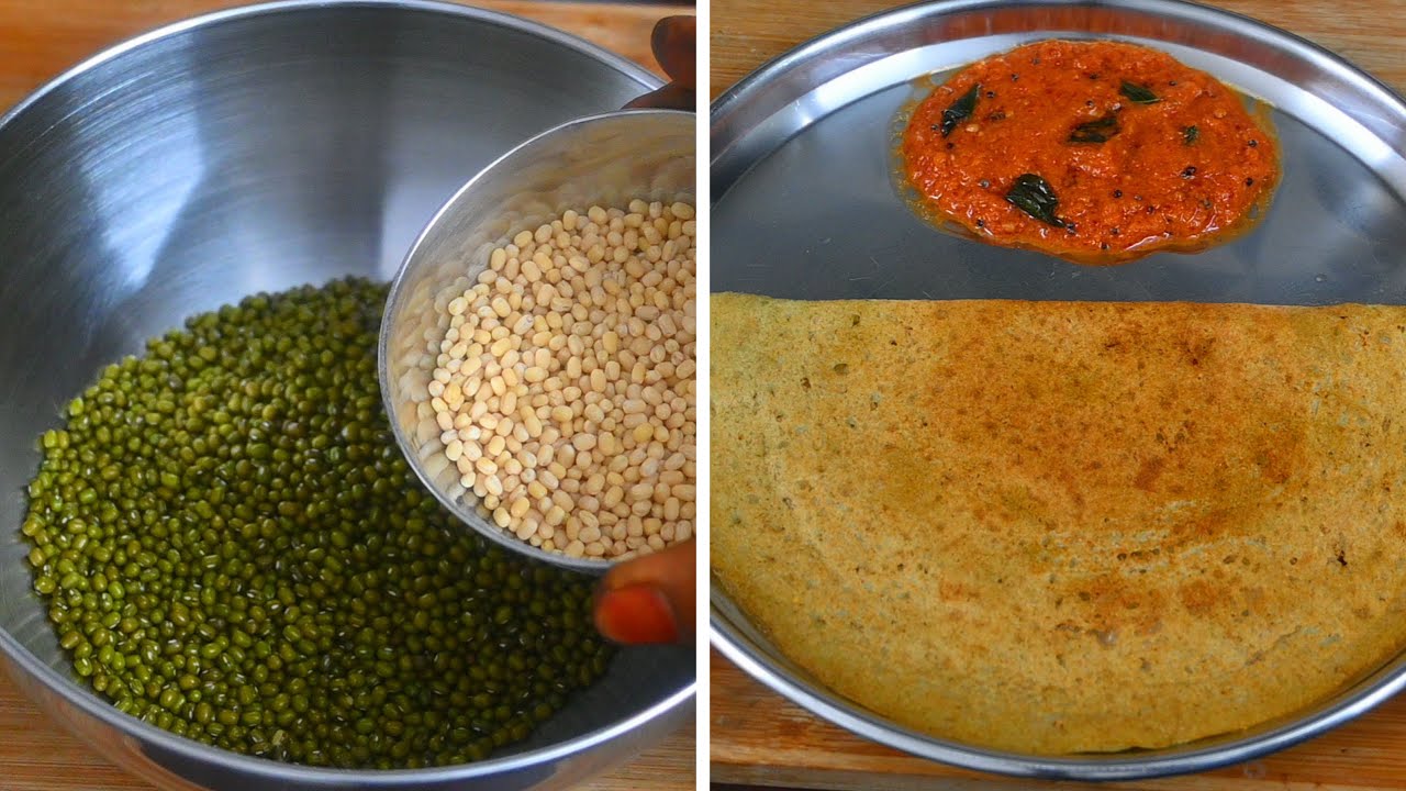 ஒரு அரிசி கூட சேர்க்காத,புரோட்டான் சத்து அதிகம் நிறைந்த தோசை ! Green Moong dal Dosa Recipe.