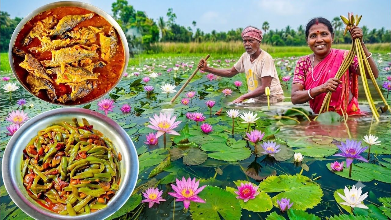 Grandma Santali Gathers Water Lilies and Prepares a Delicious Water Lily and Fish Curry for Lunch