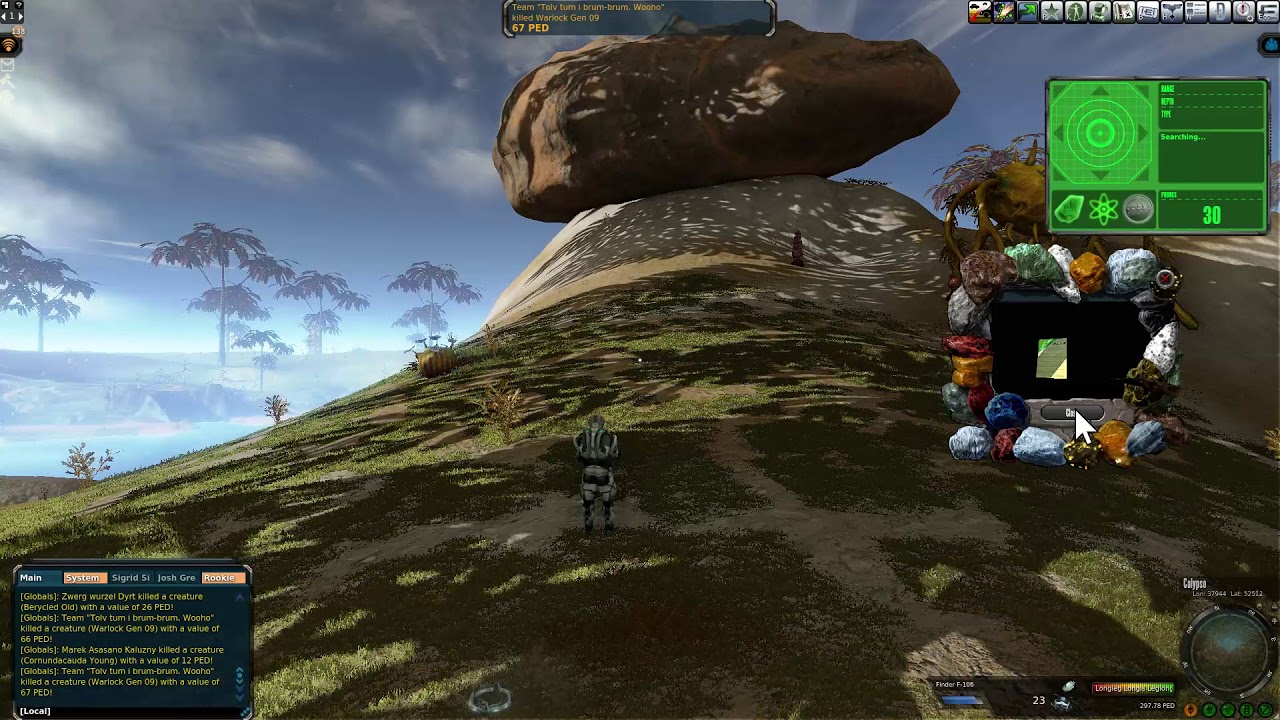 Entropia Universe Mining with Level 13 Finder, 5 globals and 2 large