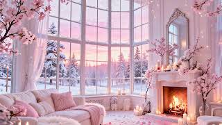 🌸❄️ Romantic Blush Winter Sunset | Cozy Fireplace & Soft Piano Ambience (10 Hours)🌸❄️