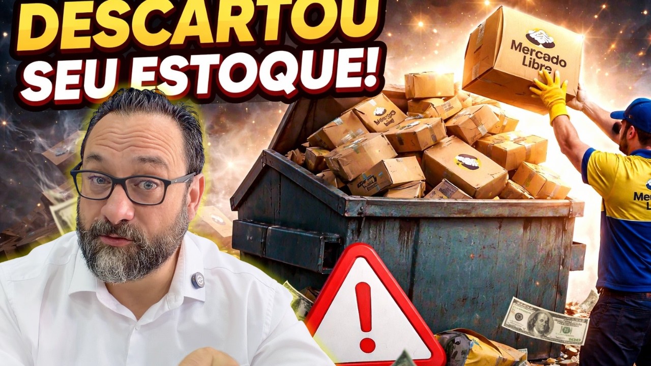Vendedor preocupado ao lado de caixas de estoque com sinal de alerta, representando o risco de perda de mercadorias no Mercado Livre FULL