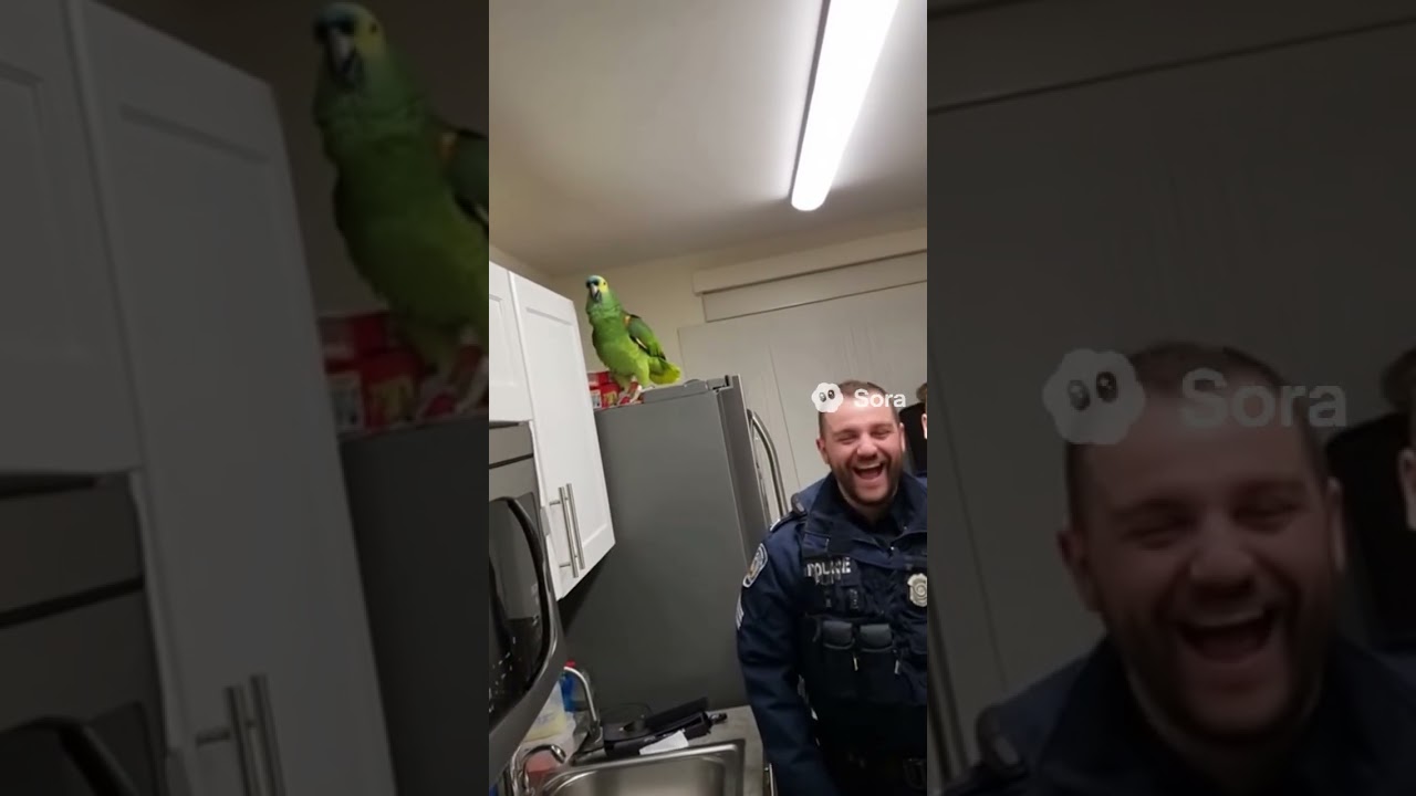 Bodycam d’un policier entrant dans une cuisine. Un perroquet sur le frigo hurle