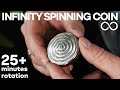 Infinity coin rotates over 25 minutes on glass surface