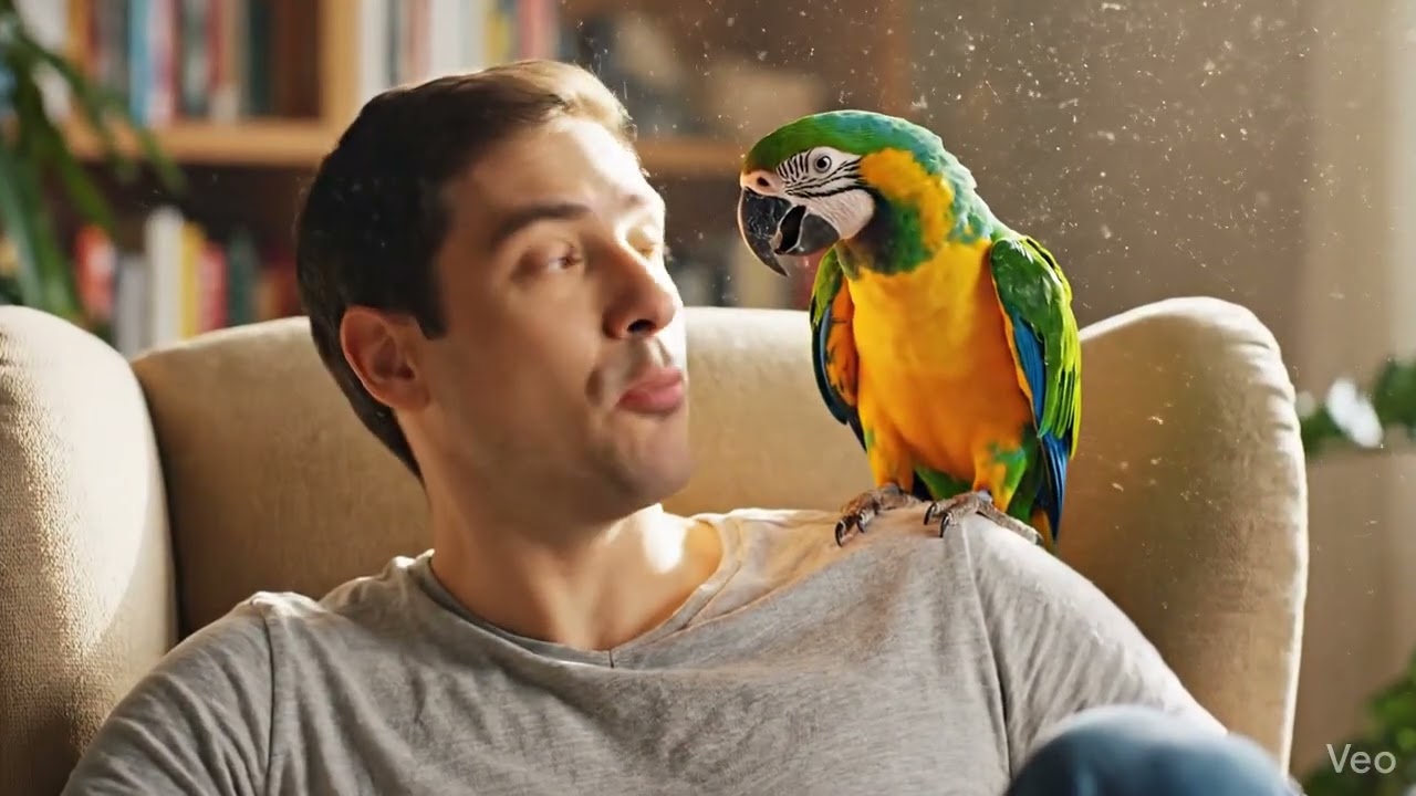 Um homem com o seu papagaio fazendo uma piada