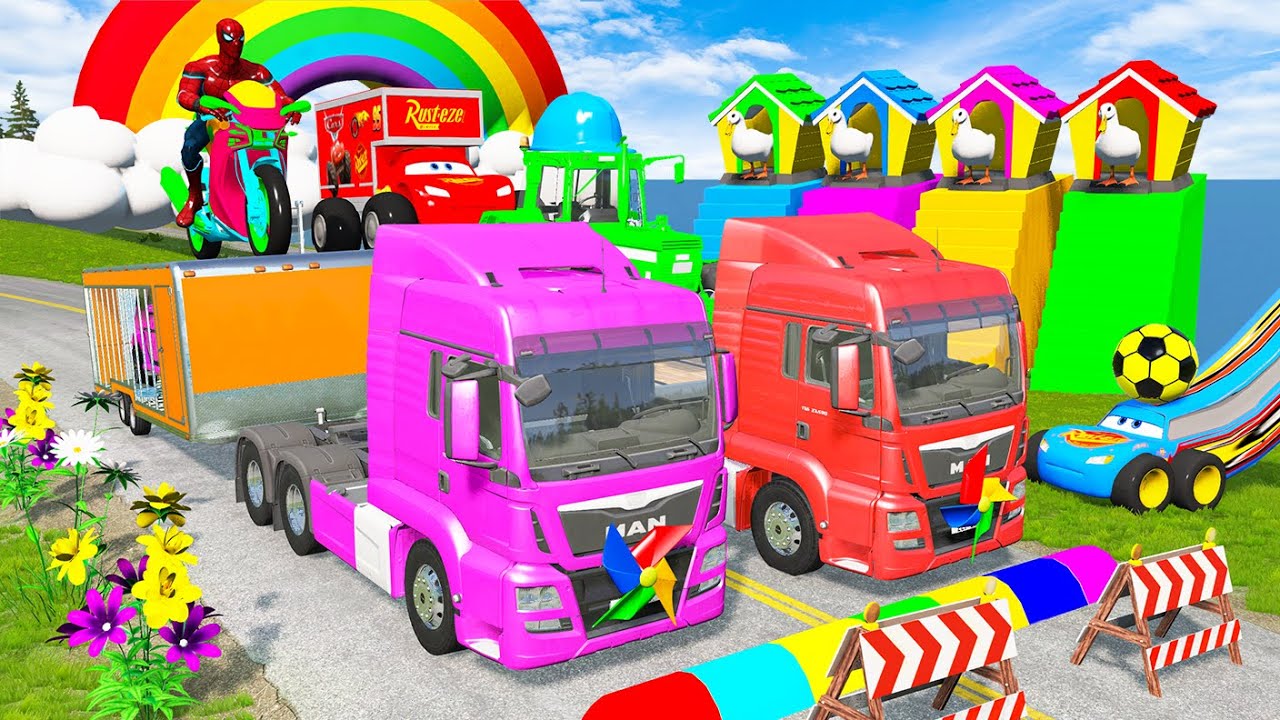 5 Monster Trucks vs Giant Color Slide: Double Flatbed vs Long Cars with Deep Water - BeamNG Drive