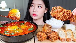 ASMR * 🔥 SPICY FIRE EGG IN HELL (SHAKSHUKA) 🔥 CRISPY SPICY FRIED CHICKEN & BAGUETTE & RICE MUKBANG