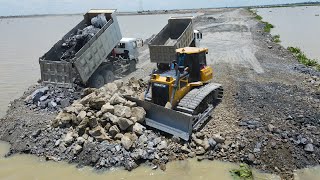 Nice Incredible Build New Road on Water, Bulldozer Push Big Stone ,SHACMAN Truck Unloading Big Stone