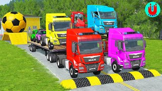 Double Flatbed Trailer Truck vs Speedbumps Train vs Cars | Tractor vs Train Beamng.Drive 072